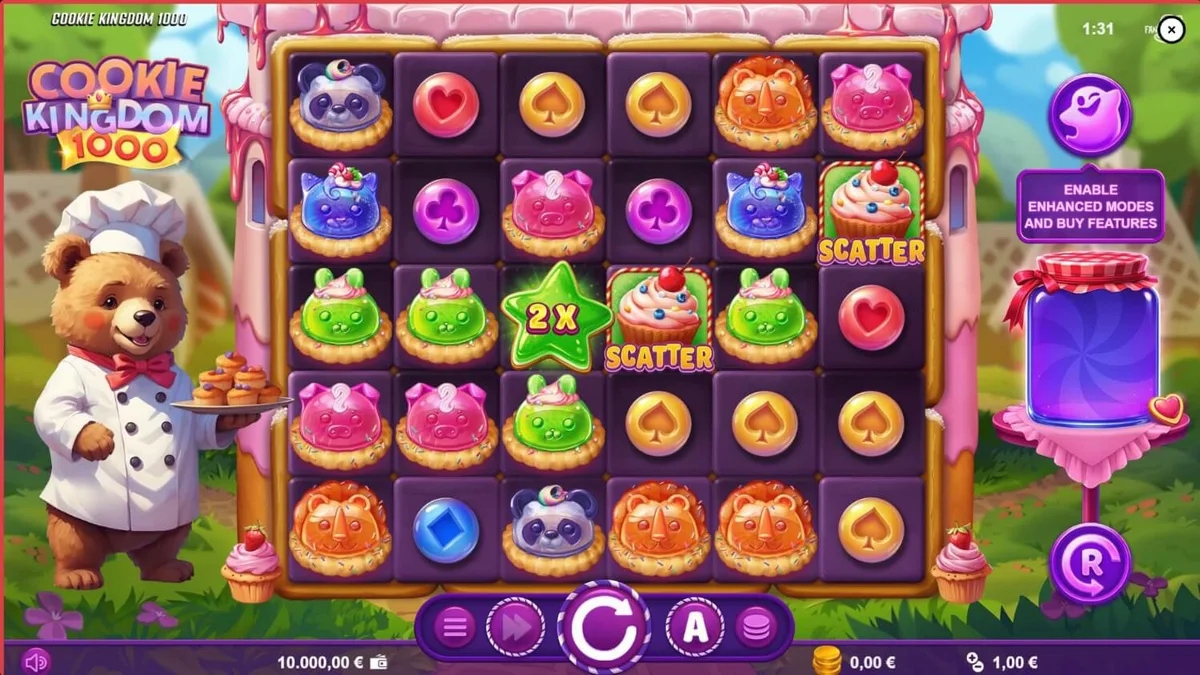 Makulay na disenyo ng Cookie Kingdom 1000 slot na may mga kendi at cute na hayop.